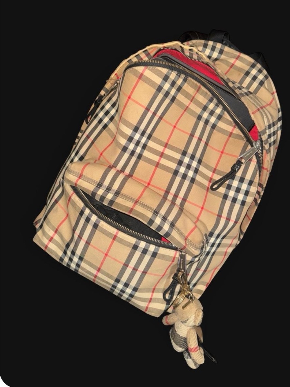 Burberry vintage Tan Check Canvas/Nylon Backpack with Black and Red Accents